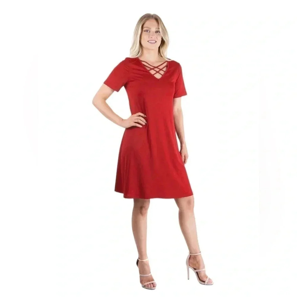 π2/$22 NWT 24 Seven Criss Cross Casual Knee Length T Shirt Dress Red Womens 1X